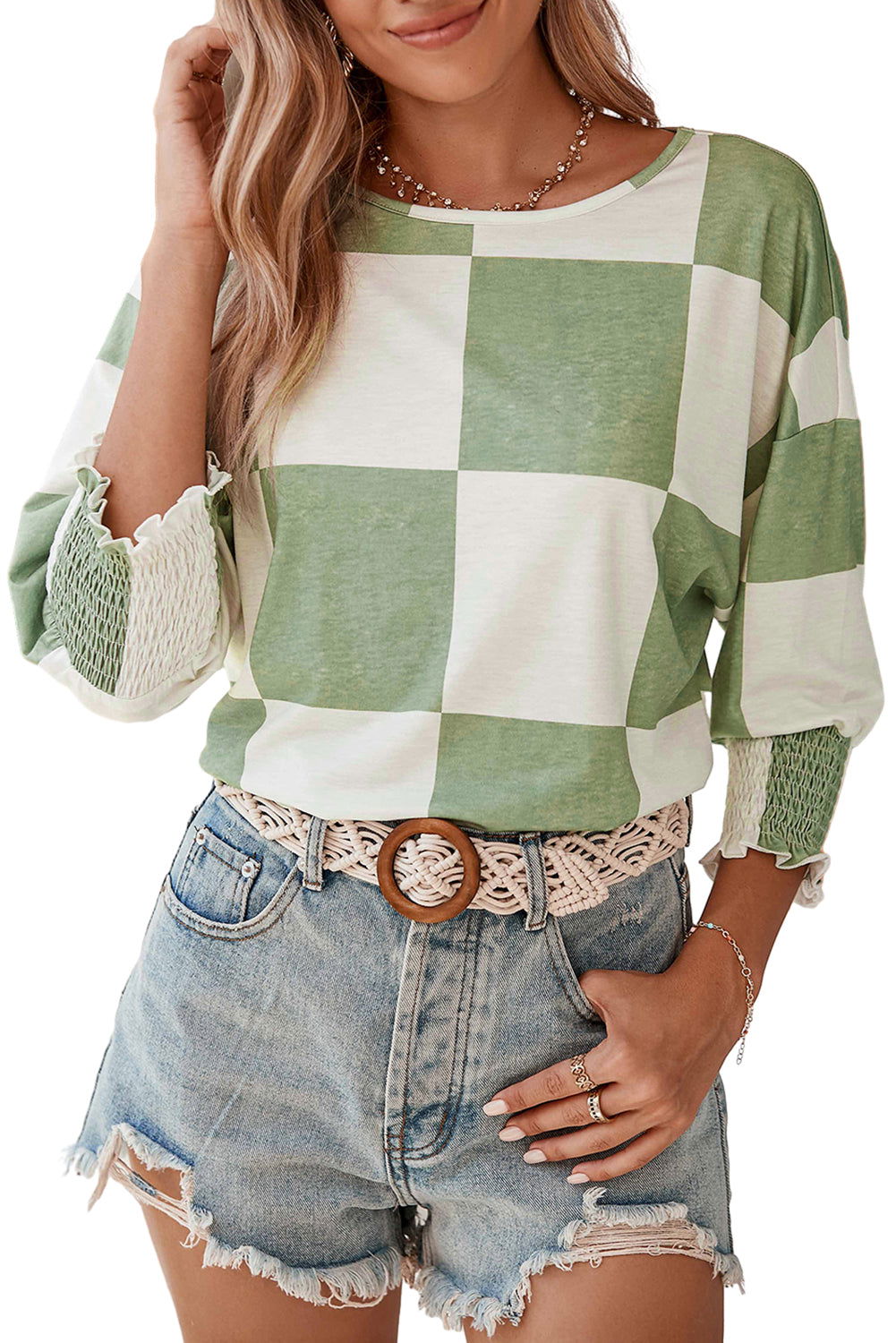 Grass Green Checkered Ruffle Smocked Cuffs Tee - Vesteeto