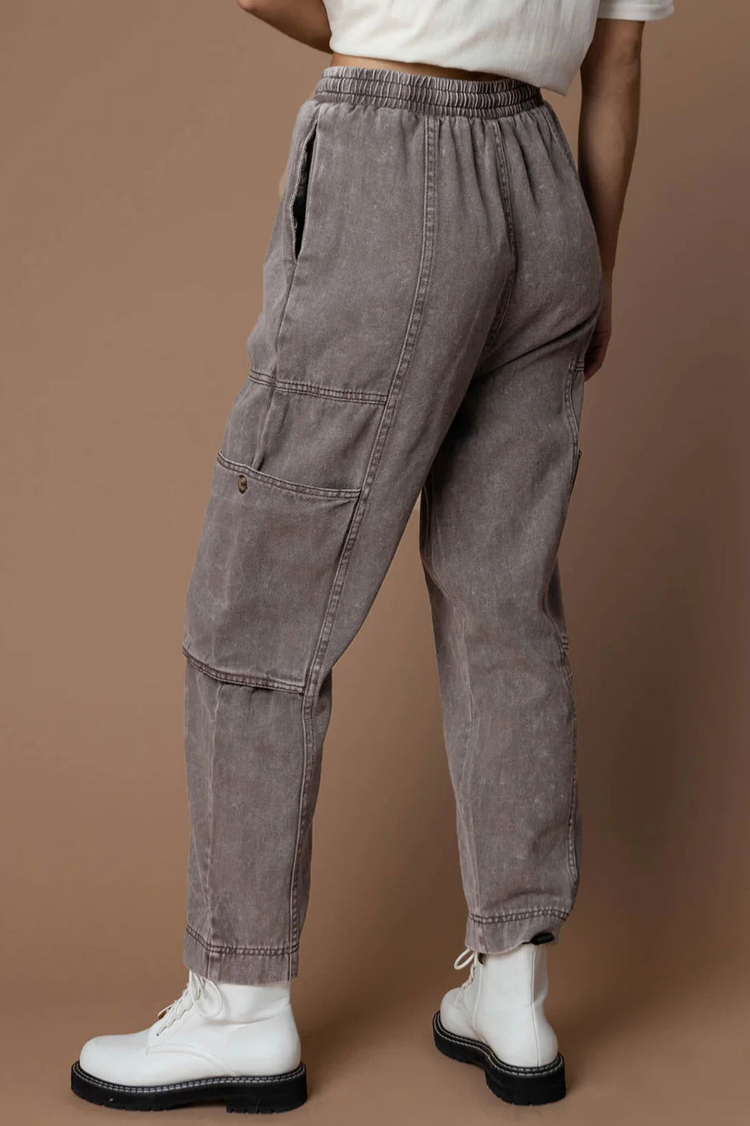 Gray Acid Wash Multi Pocket Drawstring Waist Pants - Vesteeto