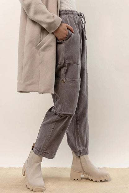 Gray Acid Wash Multi Pocket Drawstring Waist Pants - Vesteeto