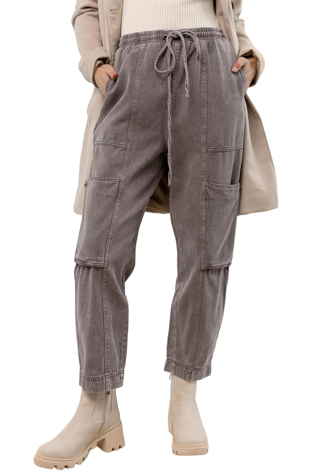 Gray Acid Wash Multi Pocket Drawstring Waist Pants - Vesteeto