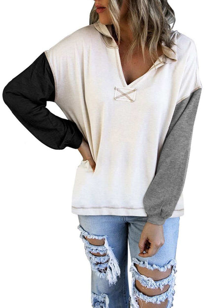 Gray Casual Colorblock V Neck Long Sleeve Hoodie - Vesteeto