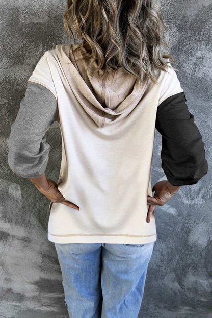 Gray Casual Colorblock V Neck Long Sleeve Hoodie - Vesteeto