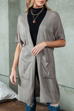 Gray Dolman Half Sleeve Pocketed Long Cardigan - Vesteeto