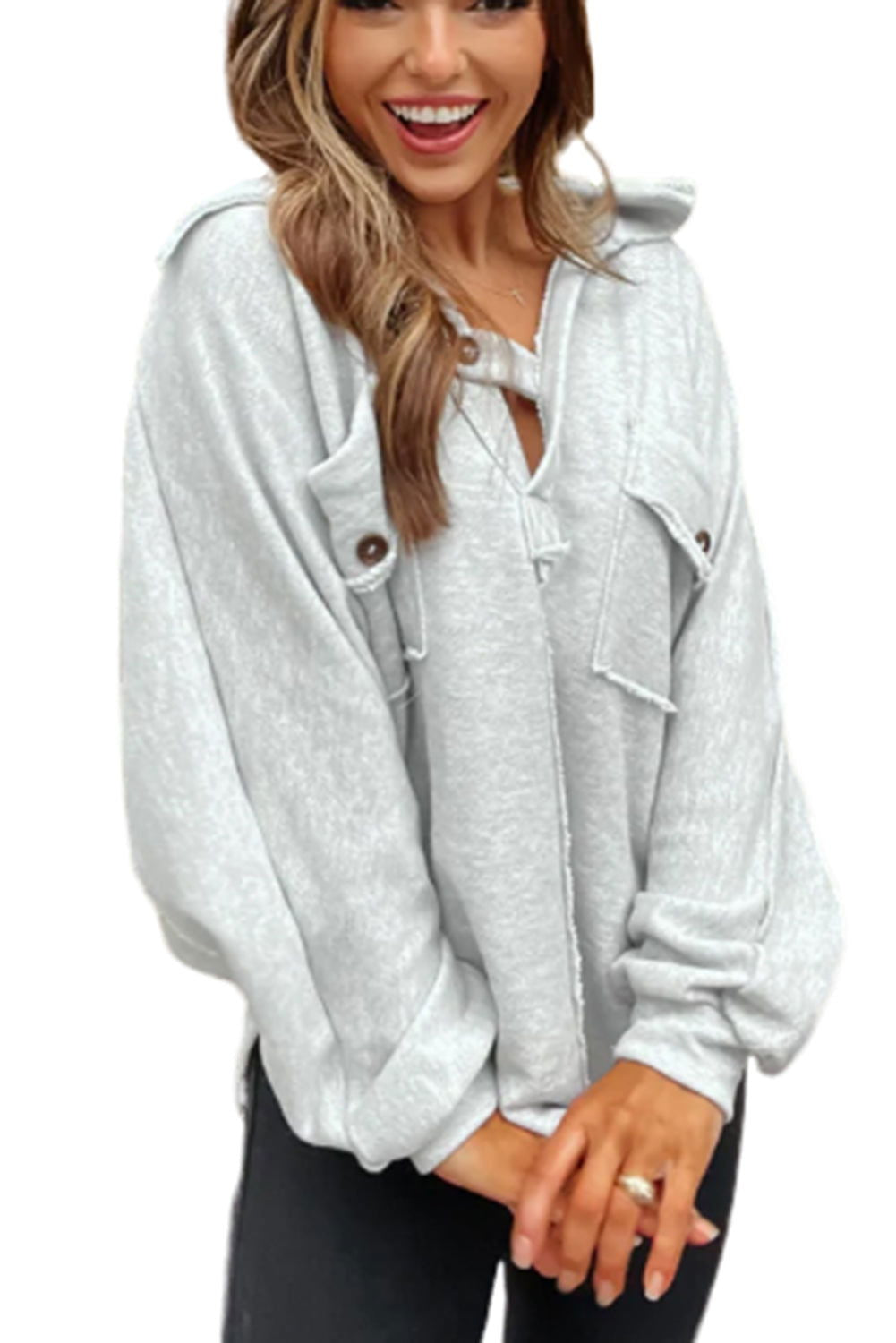 Gray Exposed Seam Pockets Oversized Sweatshirt - Vesteeto