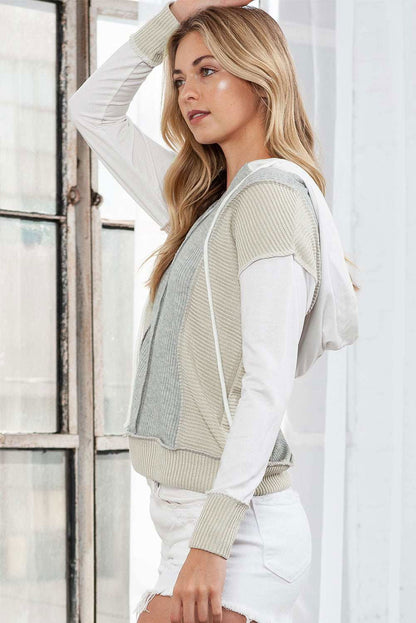 Gray Long Sleeve Textured Knit Patchwork Hoodie - Vesteeto