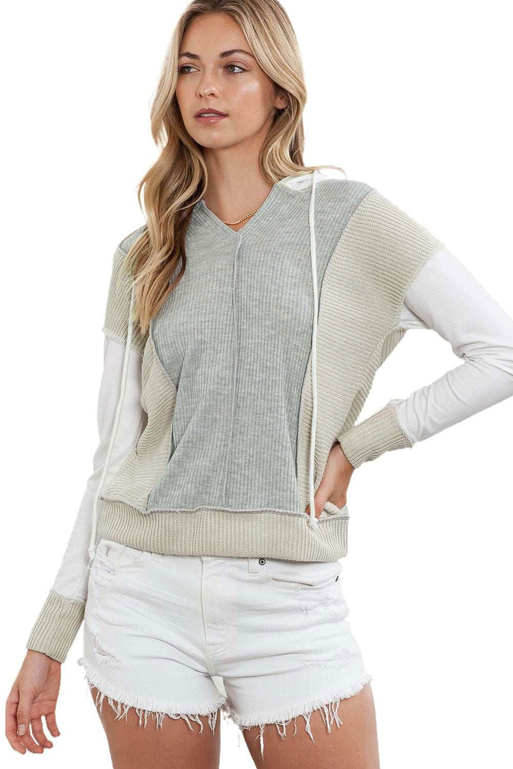 Gray Long Sleeve Textured Knit Patchwork Hoodie - Vesteeto