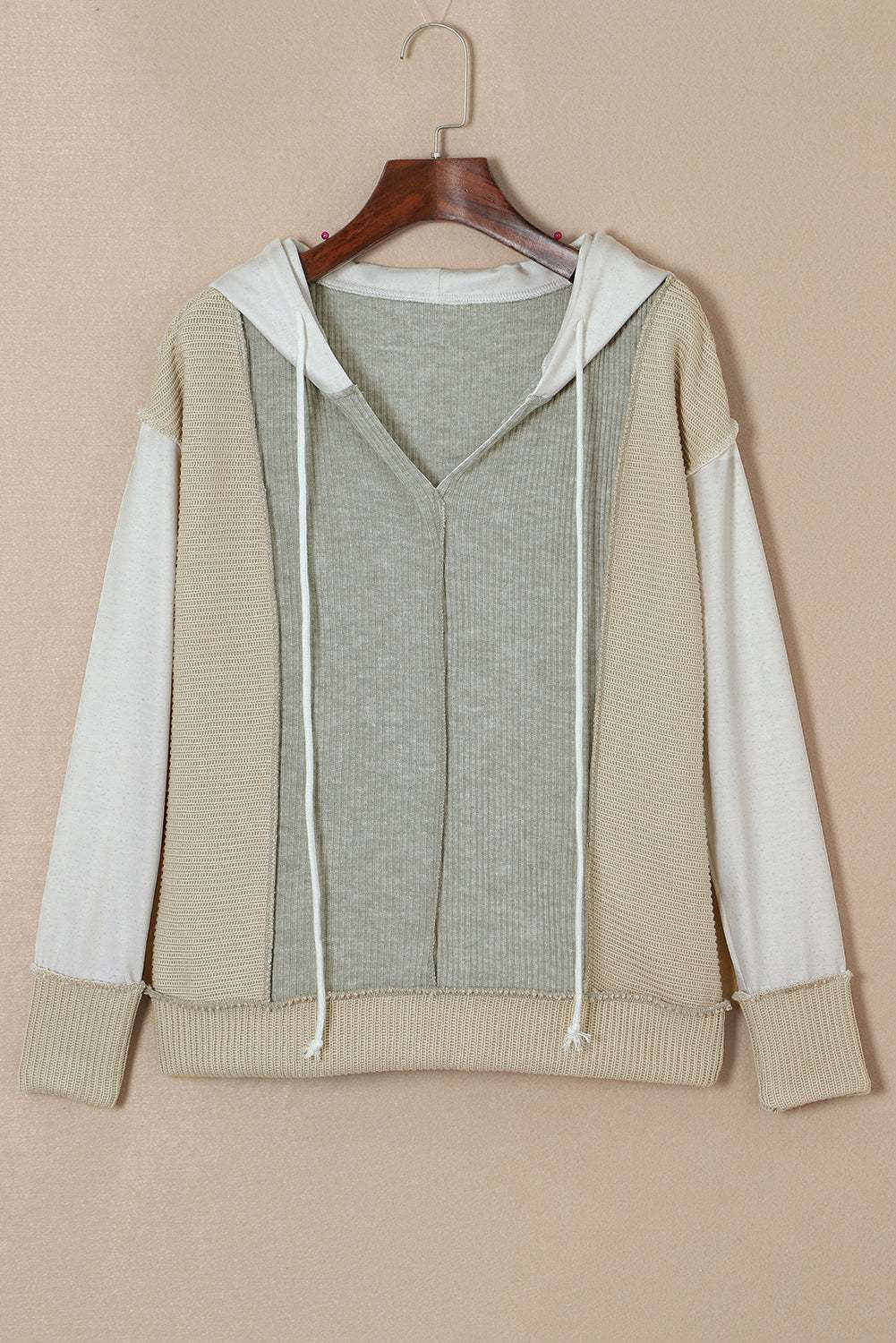 Gray Long Sleeve Textured Knit Patchwork Hoodie - Vesteeto