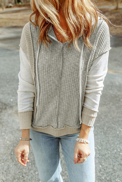 Gray Long Sleeve Textured Knit Patchwork Hoodie - Vesteeto