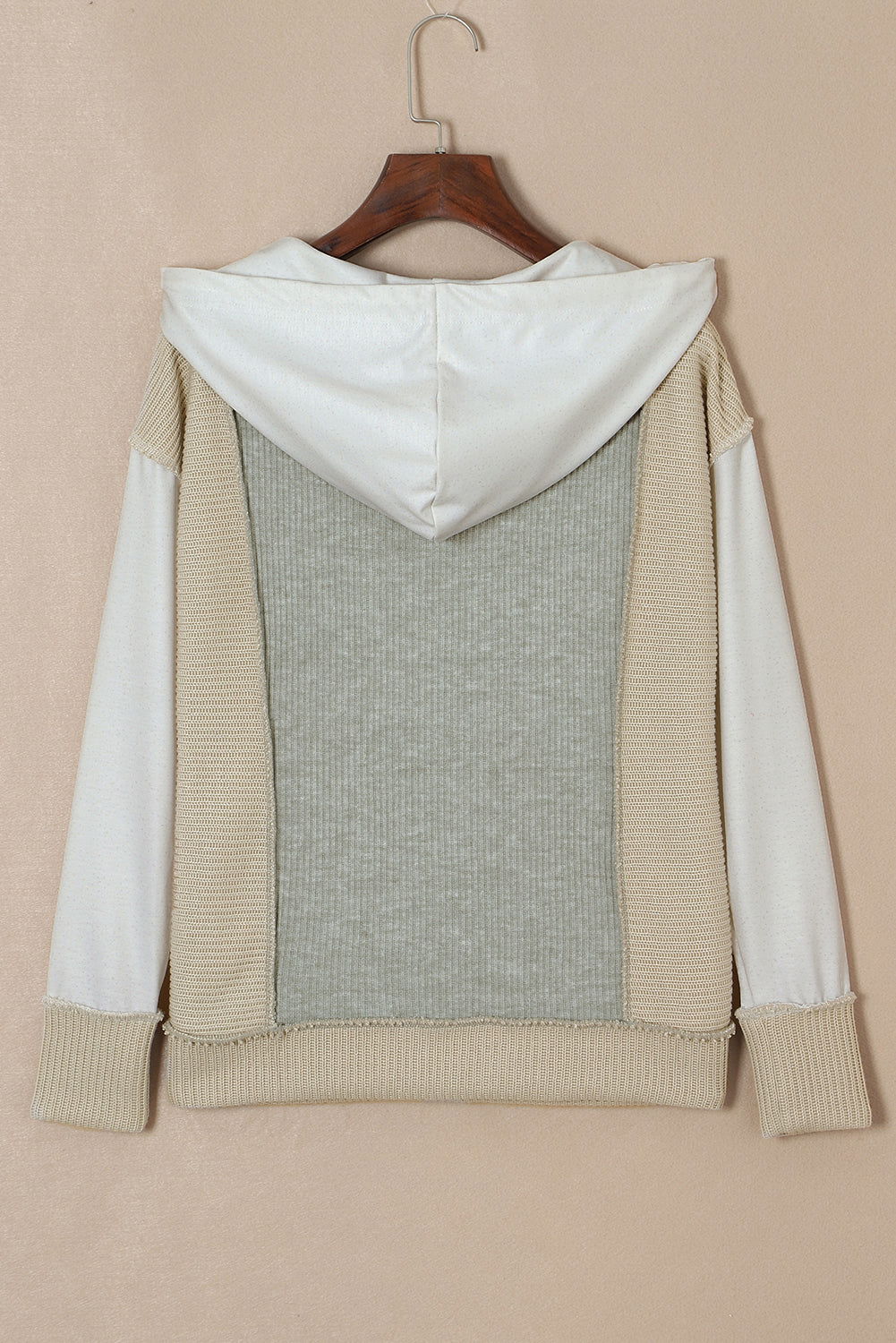 Gray Long Sleeve Textured Knit Patchwork Hoodie - Vesteeto