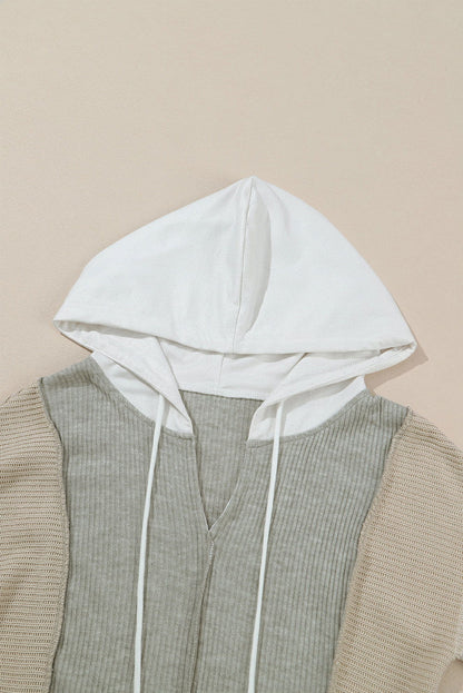 Gray Long Sleeve Textured Knit Patchwork Hoodie - Vesteeto