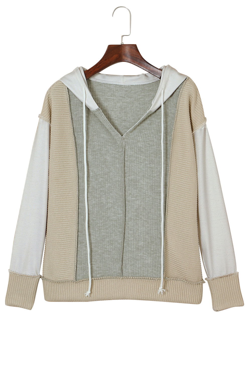 Gray Long Sleeve Textured Knit Patchwork Hoodie - Vesteeto