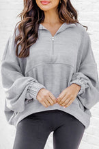 Gray Loose Dolman Sleeve Quarter Zip Sweatshirt - Vesteeto