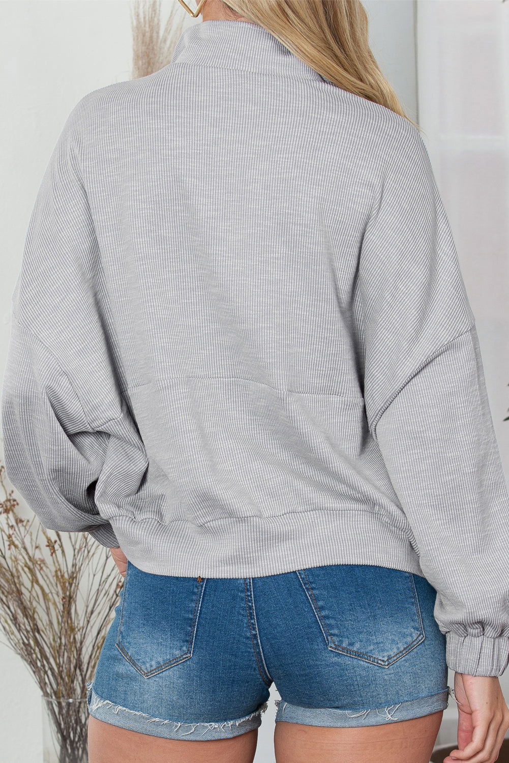 Gray Loose Dolman Sleeve Quarter Zip Sweatshirt - Vesteeto