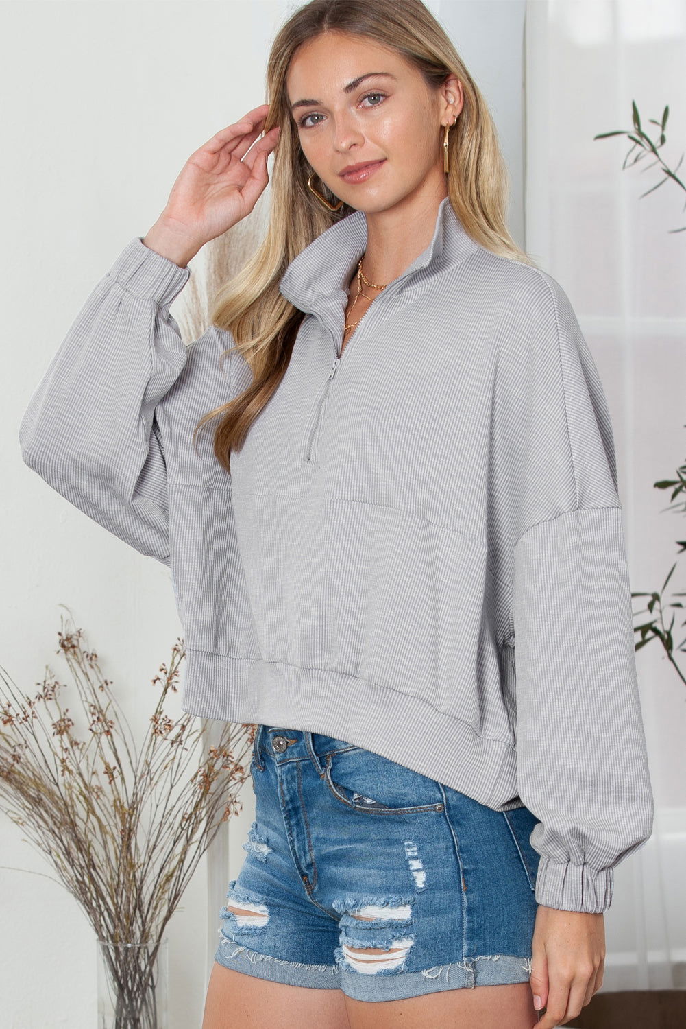 Gray Loose Dolman Sleeve Quarter Zip Sweatshirt - Vesteeto