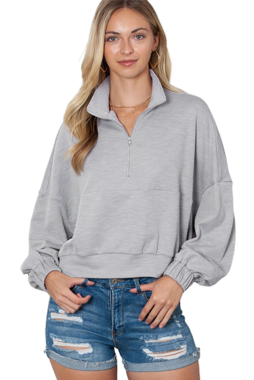 Gray Loose Dolman Sleeve Quarter Zip Sweatshirt - Vesteeto