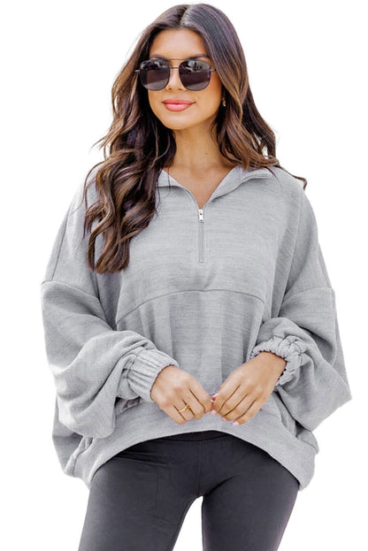 Gray Loose Dolman Sleeve Quarter Zip Sweatshirt - Vesteeto