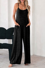 Gray Loose Fit Side Pockets Spaghetti Strap Wide Leg Jumpsuit - Vesteeto