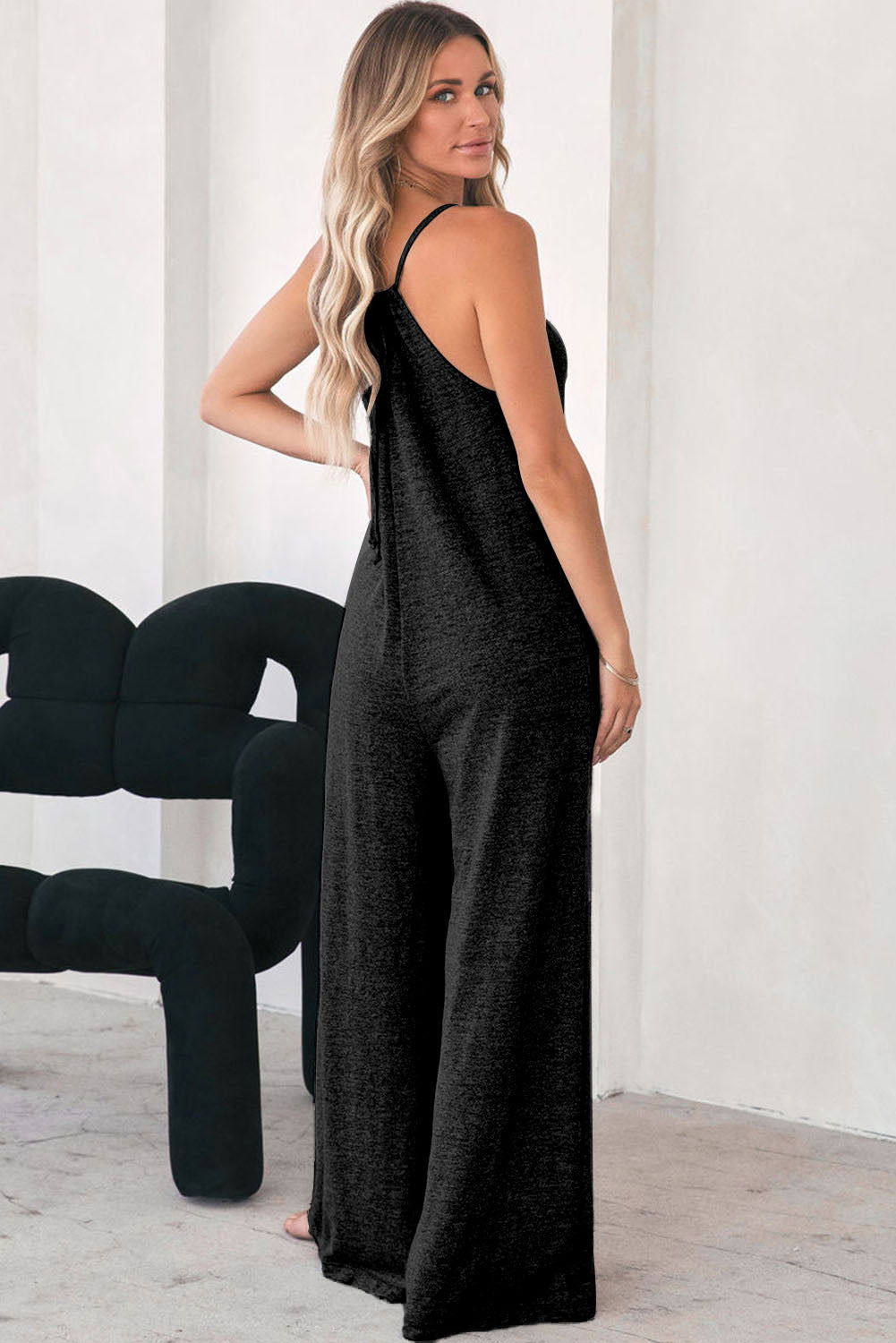 Gray Loose Fit Side Pockets Spaghetti Strap Wide Leg Jumpsuit - Vesteeto