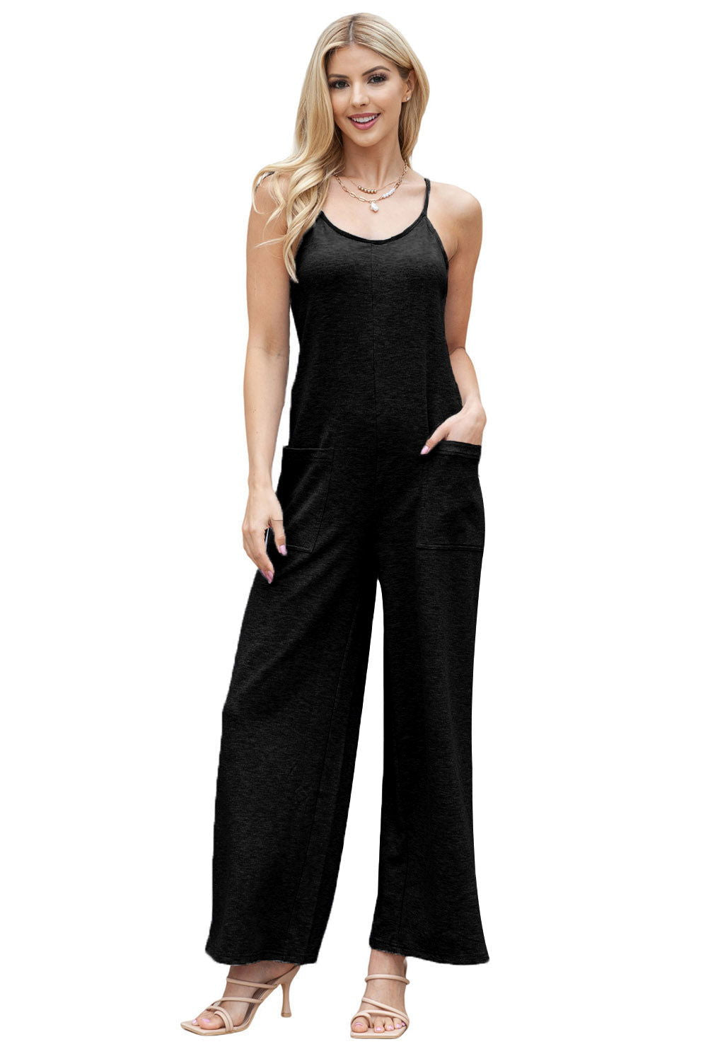 Gray Loose Fit Side Pockets Spaghetti Strap Wide Leg Jumpsuit - Vesteeto