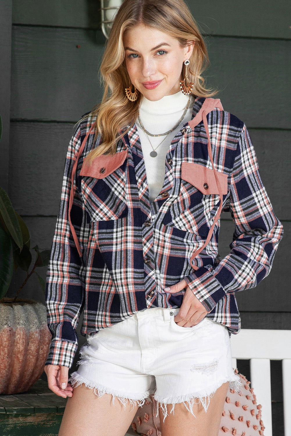 Gray Plaid Pockets Drawstring Hooded Shacket - Vesteeto