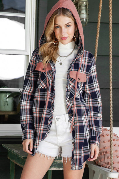 Gray Plaid Pockets Drawstring Hooded Shacket - Vesteeto