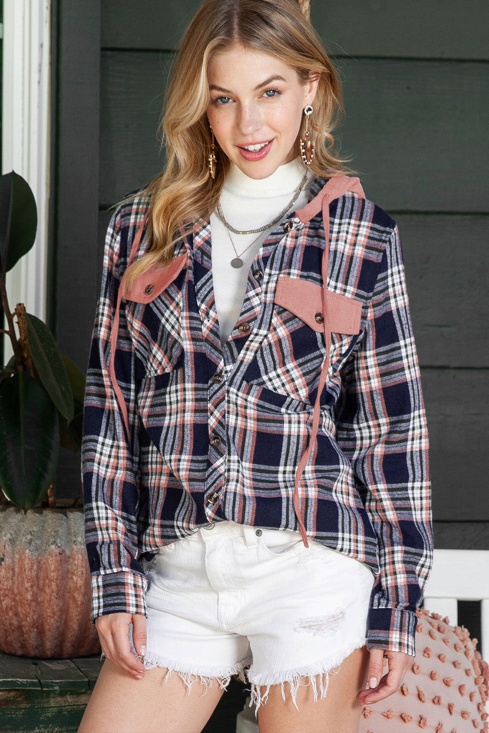 Gray Plaid Pockets Drawstring Hooded Shacket - Vesteeto