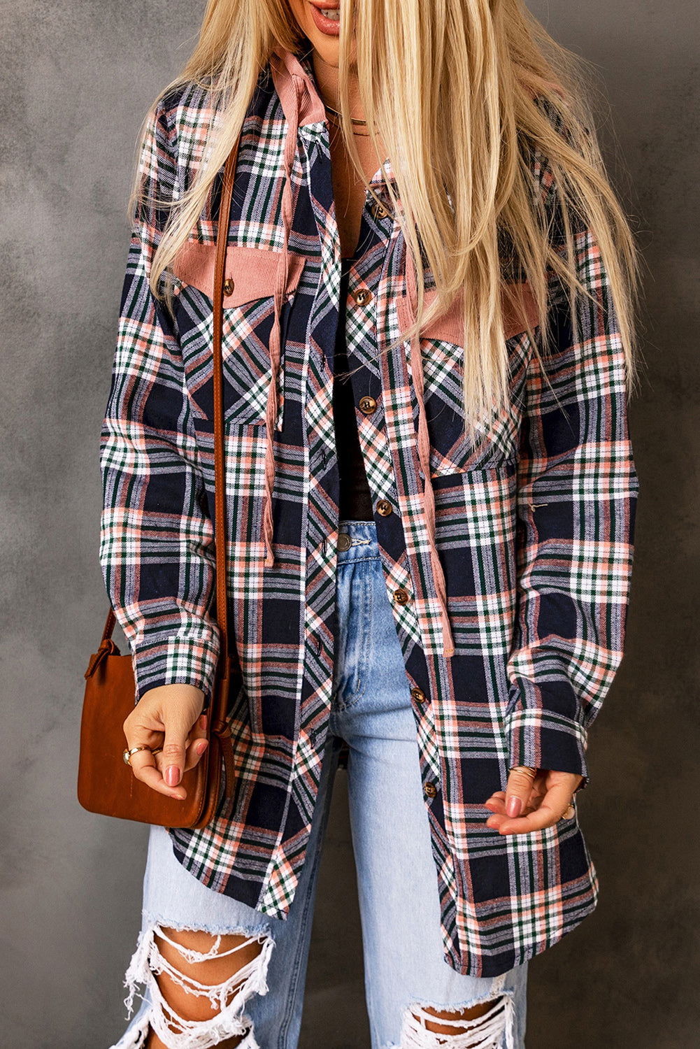 Gray Plaid Pockets Drawstring Hooded Shacket - Vesteeto