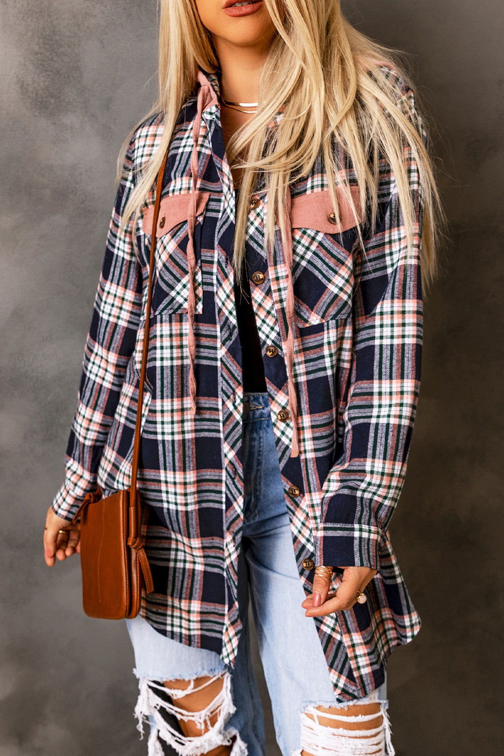 Gray Plaid Pockets Drawstring Hooded Shacket - Vesteeto