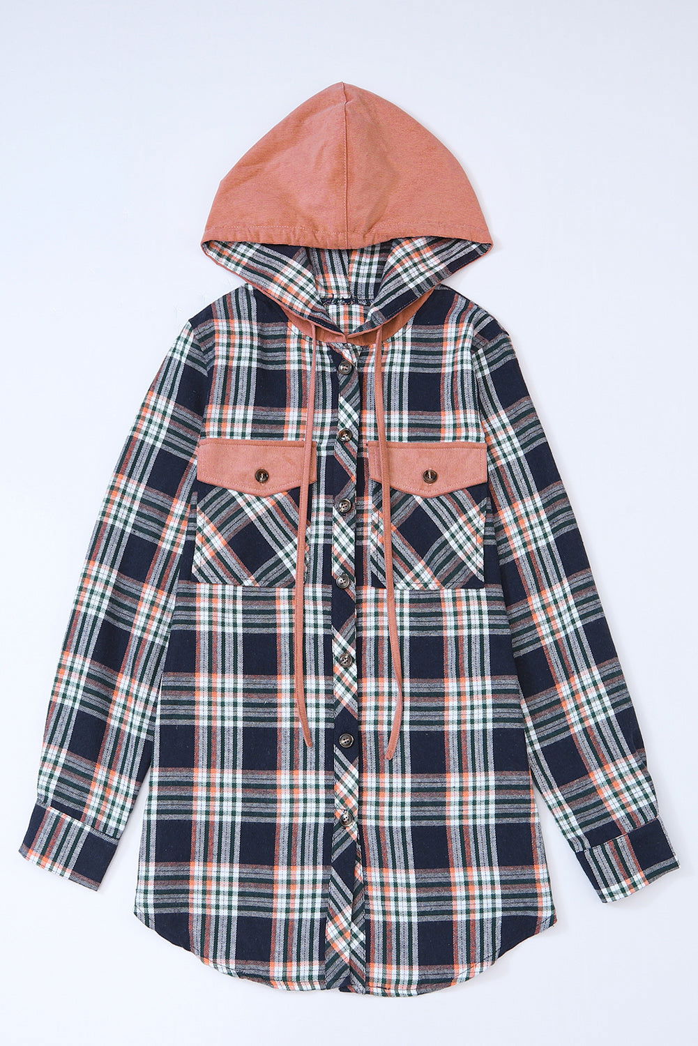 Gray Plaid Pockets Drawstring Hooded Shacket - Vesteeto