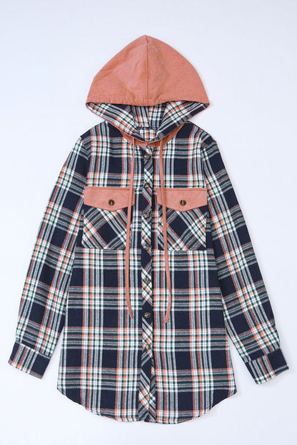 Gray Plaid Pockets Drawstring Hooded Shacket - Vesteeto