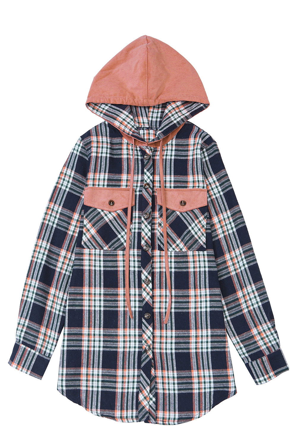 Gray Plaid Pockets Drawstring Hooded Shacket - Vesteeto