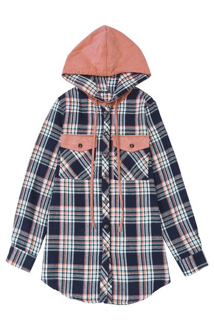 Gray Plaid Pockets Drawstring Hooded Shacket - Vesteeto