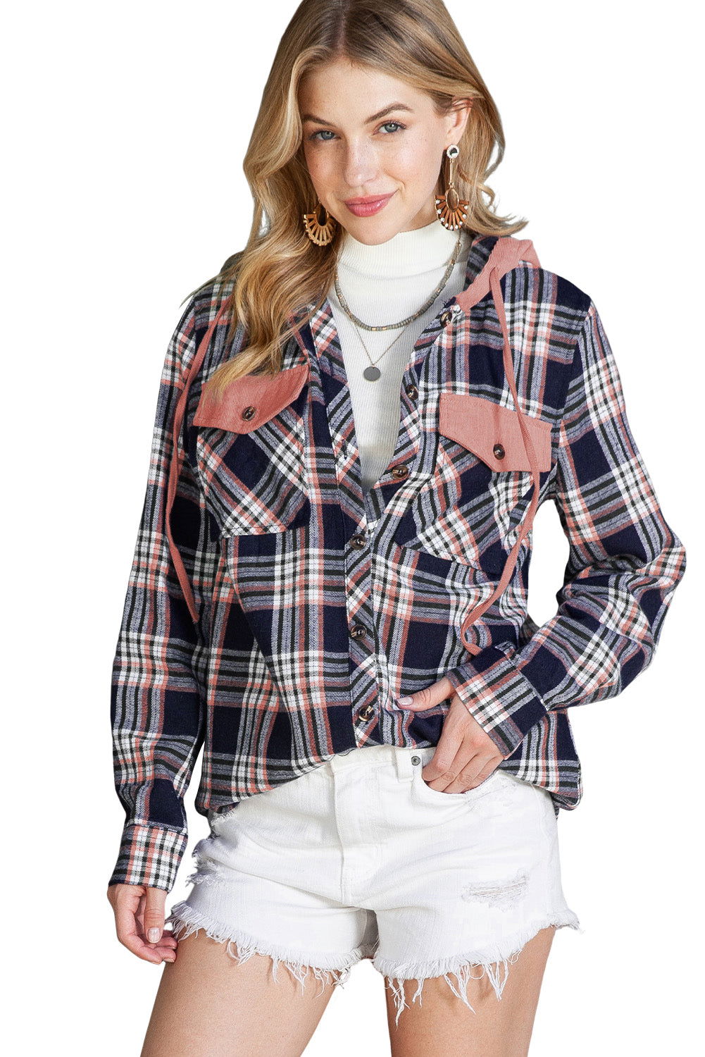 Gray Plaid Pockets Drawstring Hooded Shacket - Vesteeto