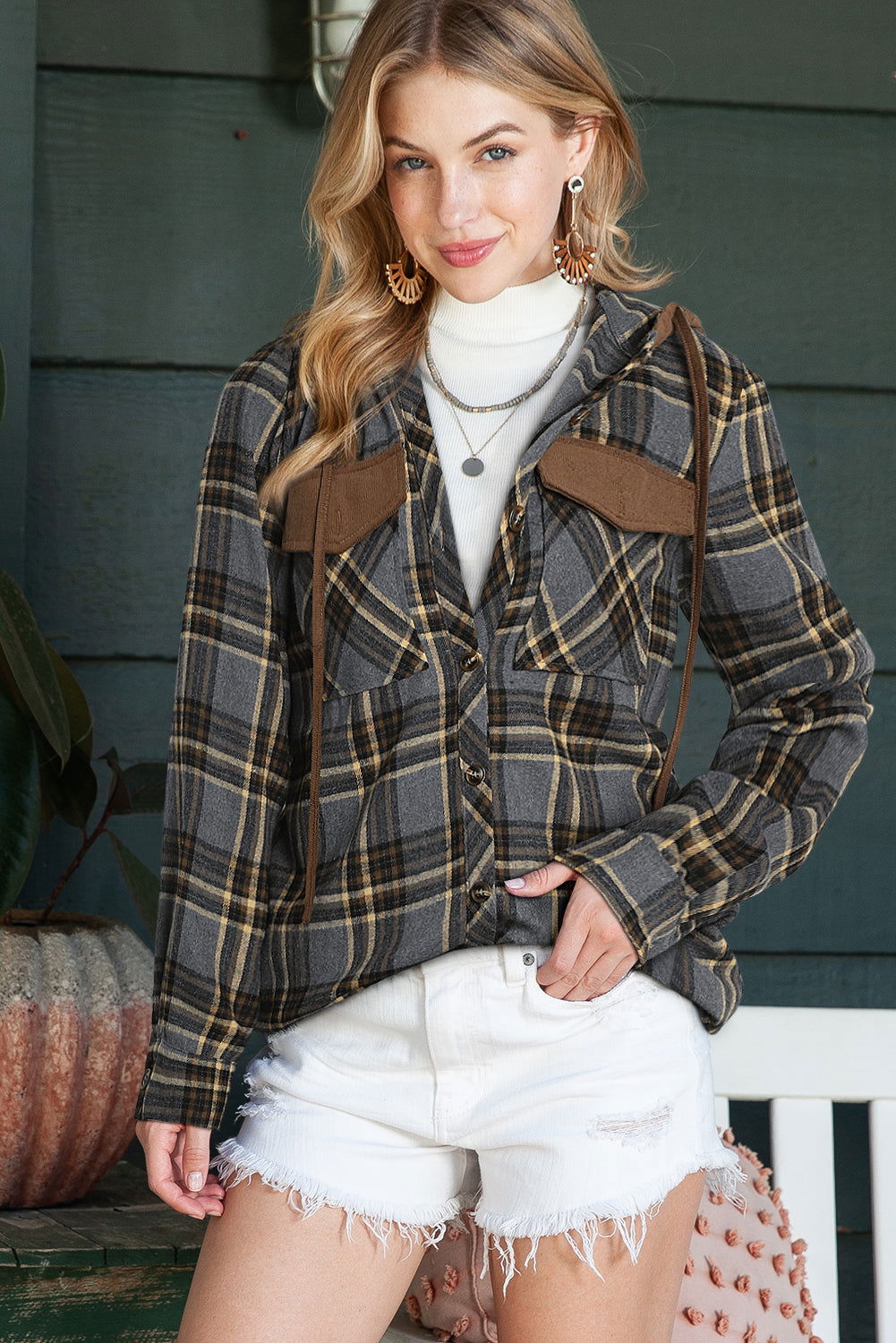 Gray Plaid Pockets Drawstring Hooded Shacket - Vesteeto