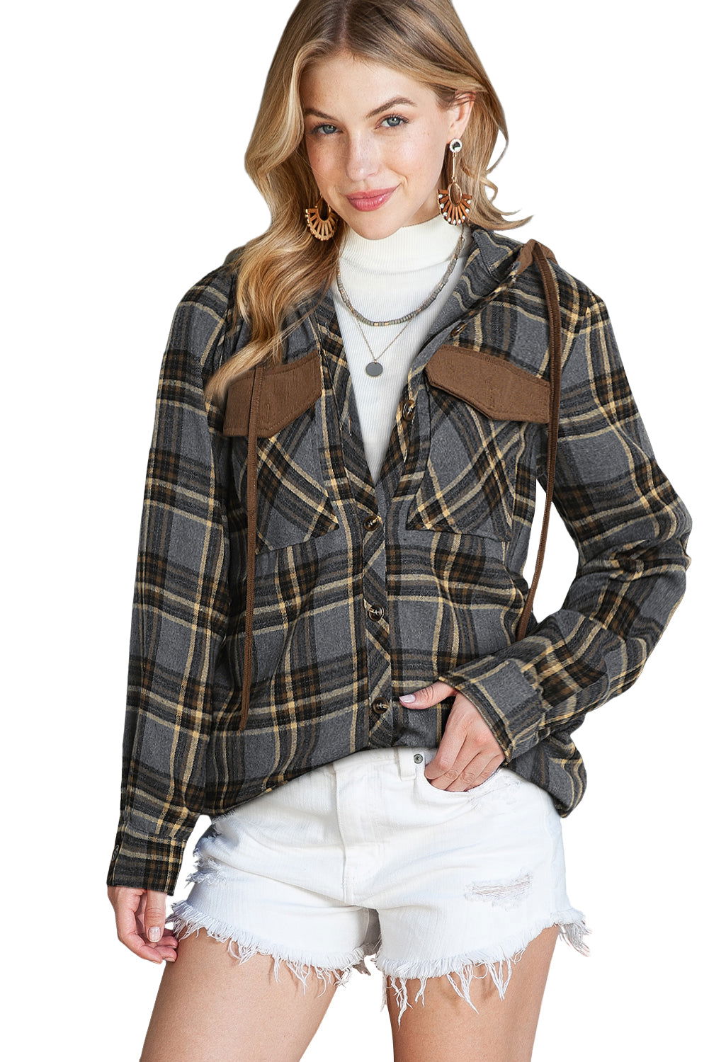 Gray Plaid Pockets Drawstring Hooded Shacket - Vesteeto