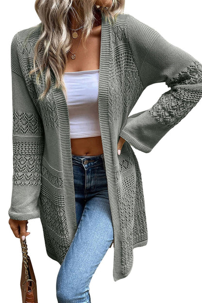 Gray Pointelle Knit Open Front Long Cardigan - Vesteeto