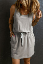 Gray Sleeveless Drawstring Waist Mini Dress - Vesteeto