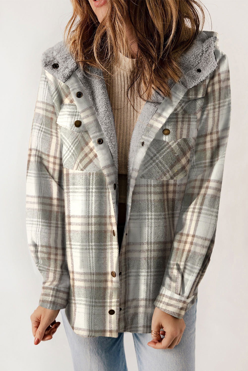 Gray Snap Button Sherpa Lined Hooded Flannel Jacket - Vesteeto