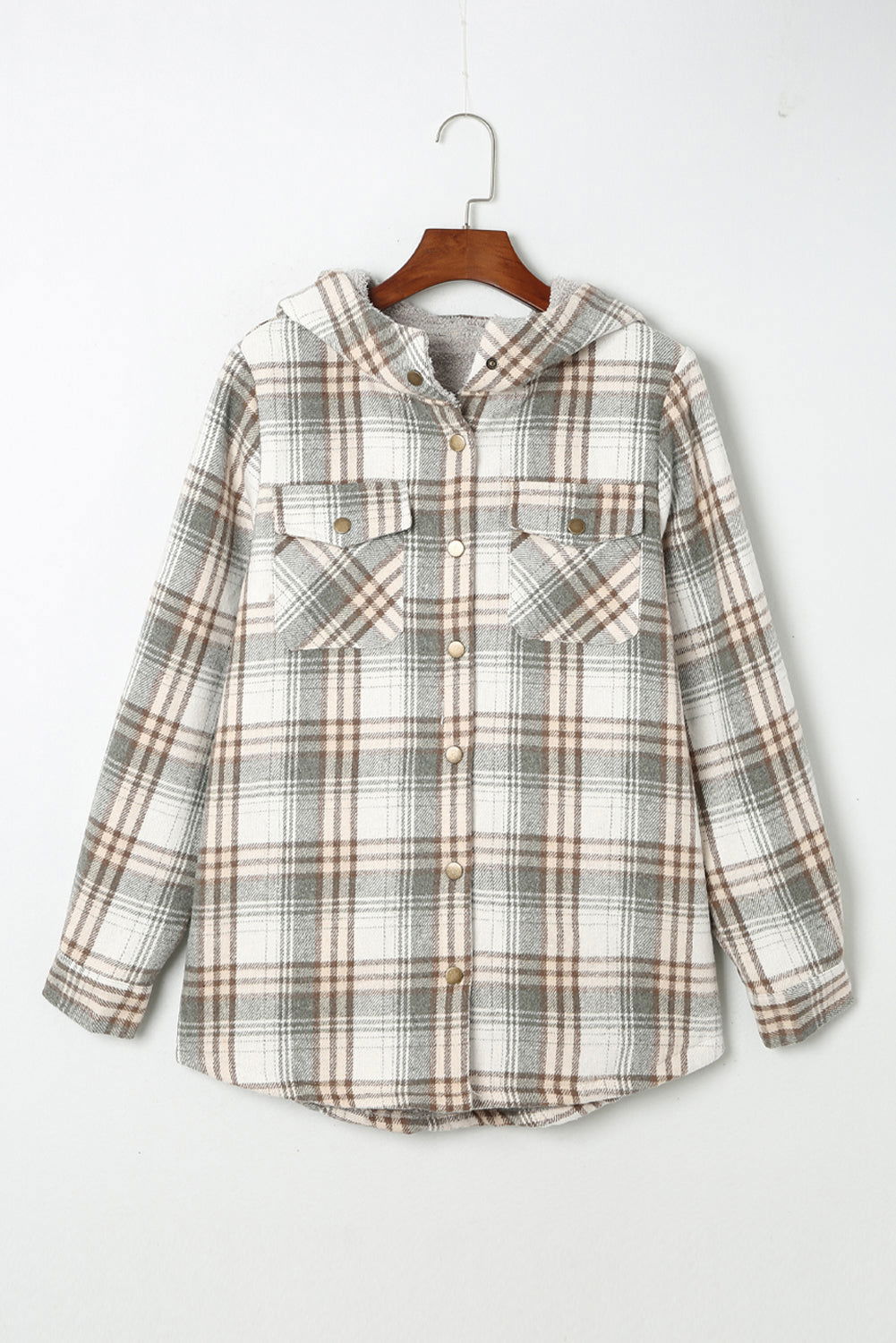 Gray Snap Button Sherpa Lined Hooded Flannel Jacket - Vesteeto