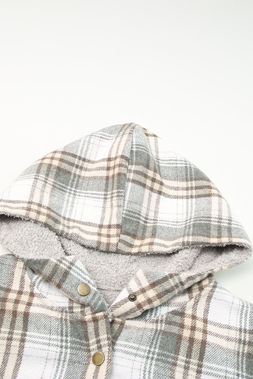 Gray Snap Button Sherpa Lined Hooded Flannel Jacket - Vesteeto