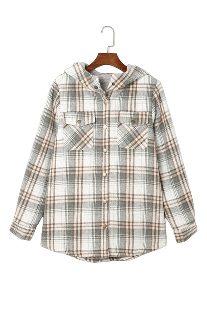 Gray Snap Button Sherpa Lined Hooded Flannel Jacket - Vesteeto