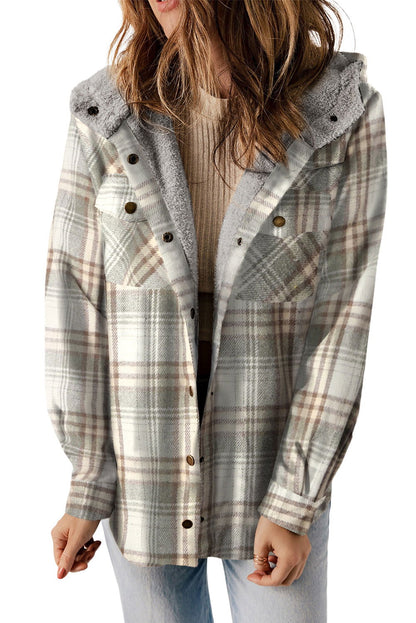 Gray Snap Button Sherpa Lined Hooded Flannel Jacket - Vesteeto