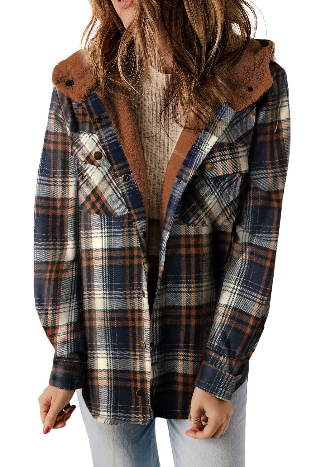 Gray Snap Button Sherpa Lined Hooded Flannel Jacket - Vesteeto