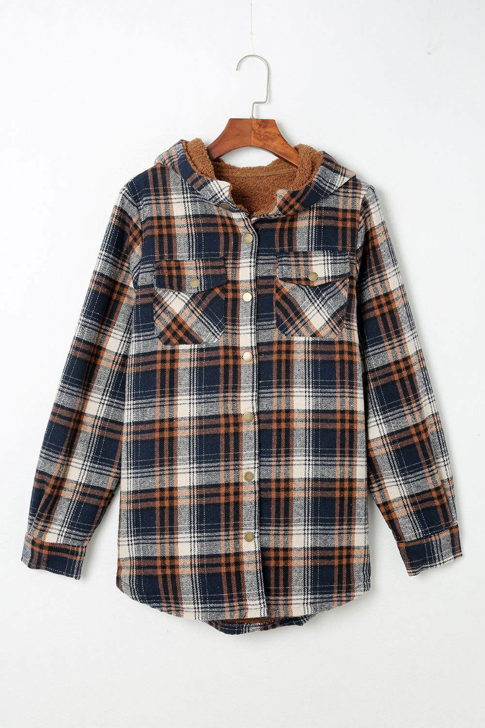 Gray Snap Button Sherpa Lined Hooded Flannel Jacket - Vesteeto