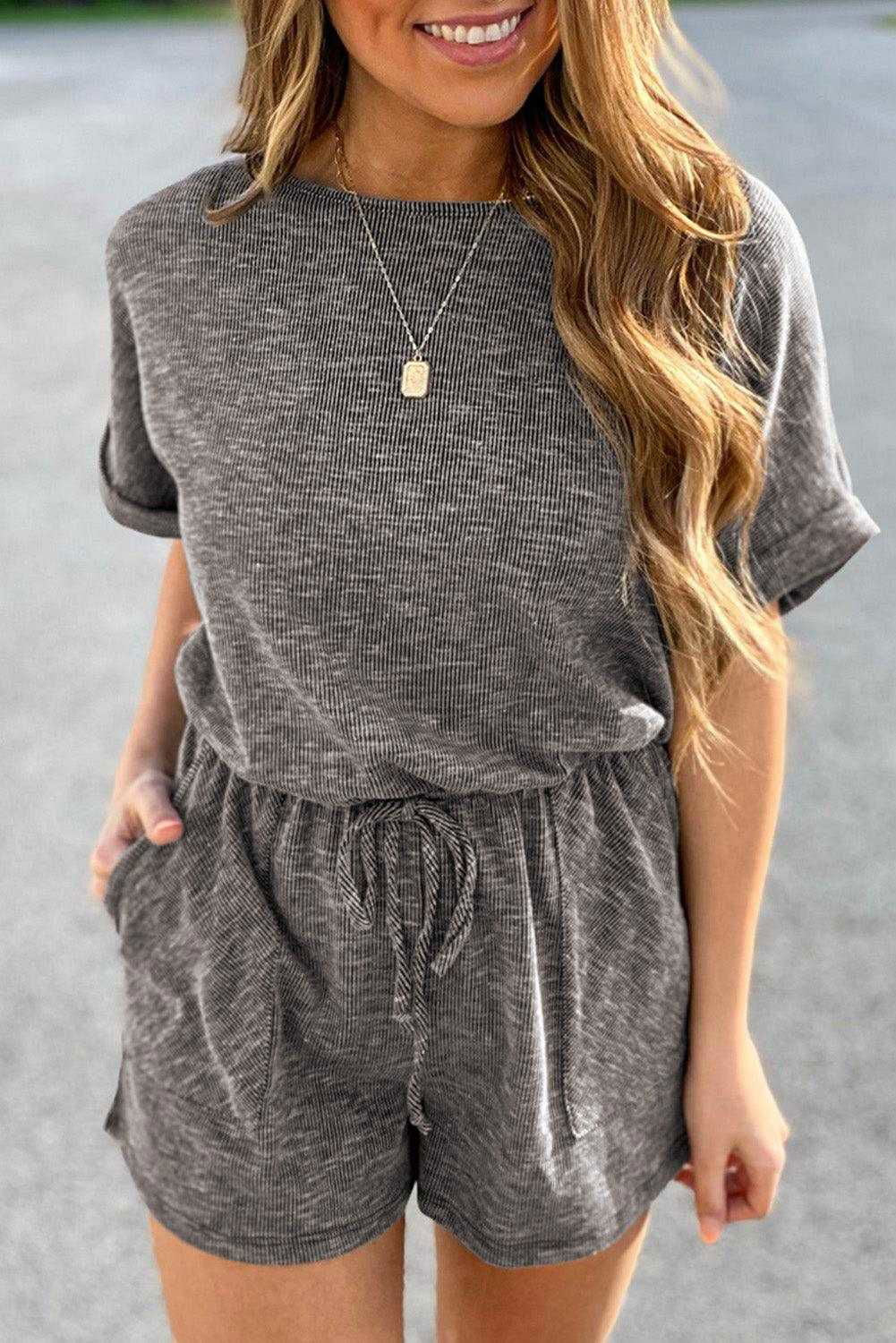 Gray Solid Casual Ribbed Elastic Waist Romper - Vesteeto