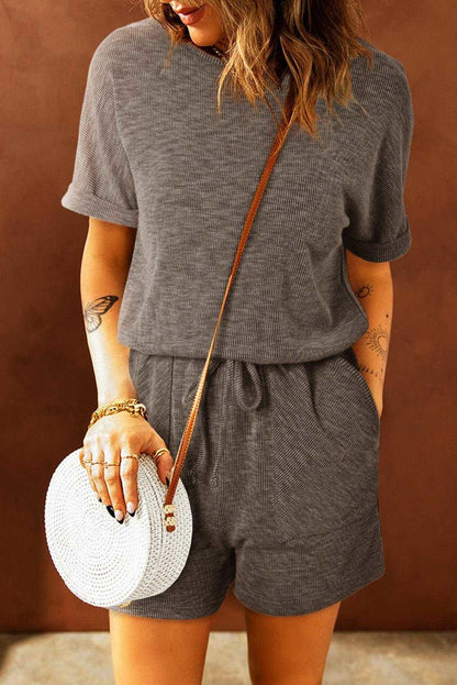 Gray Solid Casual Ribbed Elastic Waist Romper - Vesteeto