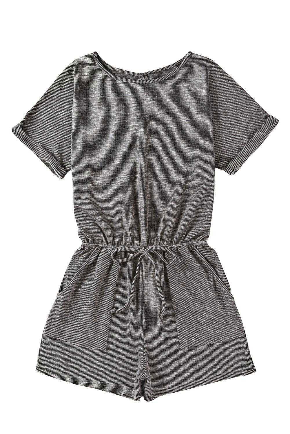 Gray Solid Casual Ribbed Elastic Waist Romper - Vesteeto