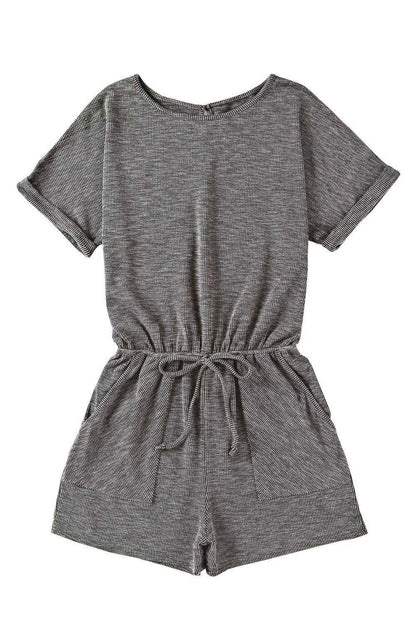 Gray Solid Casual Ribbed Elastic Waist Romper - Vesteeto