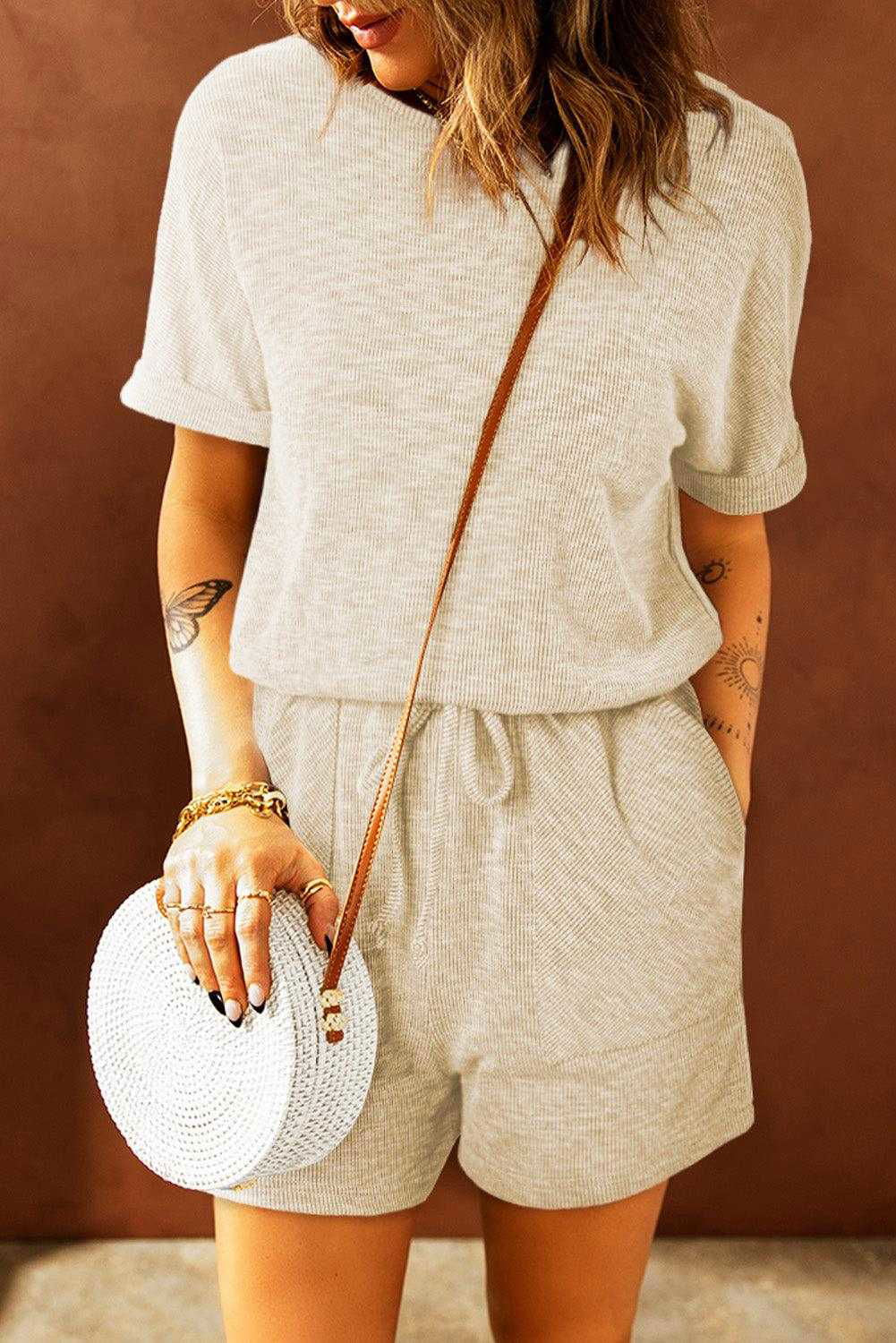 Gray Solid Casual Ribbed Elastic Waist Romper - Vesteeto