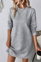 Gray Solid Color Textured Long Sleeve Shift Short Dress - Vesteeto